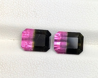 May include: Two rectangular gemstones with a bi-color design. The top half of each gem is a vibrant pink, transitioning to a deep black at the bottom. The gems are displayed on a white surface against a dark background.