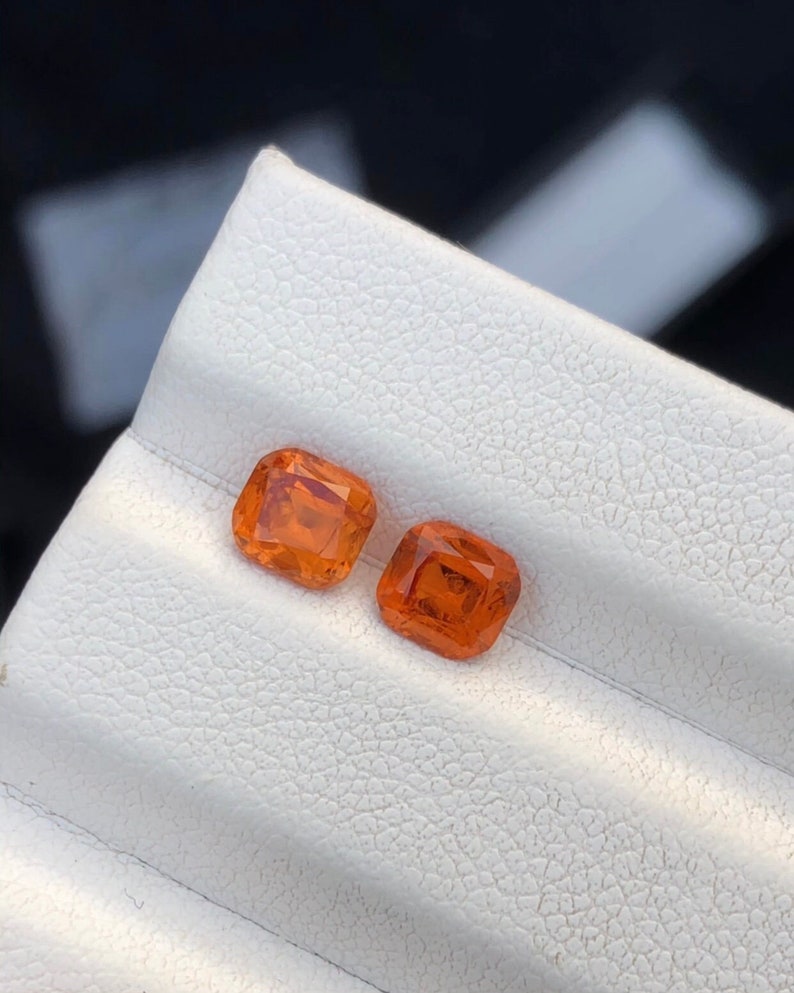 Natural Spessartine Garnet Pair, Cushion Cut, Hand Faceted image 1