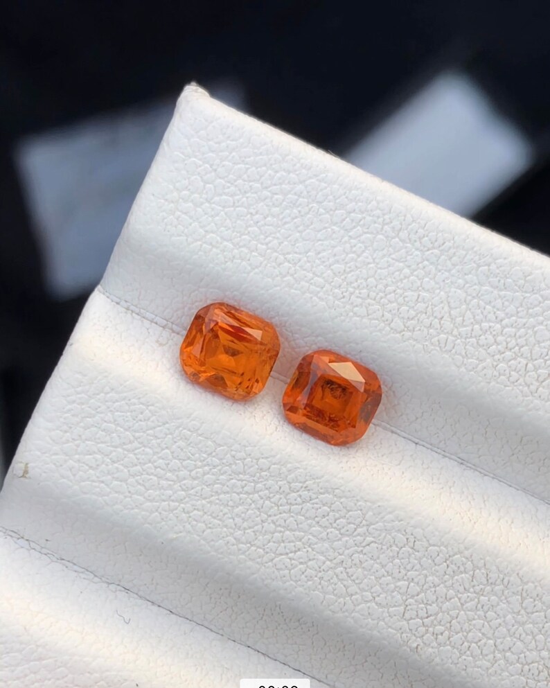 Natural Spessartine Garnet Pair, Cushion Cut, Hand Faceted image 2