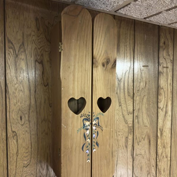 Rustic Wooden Wall Cabinet with Heart Cut-Out Doors – Small Hanging Shelf with Folk Art Detail – Country Cottage Decor