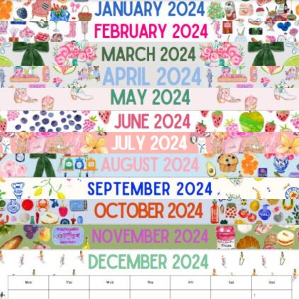 Trendy Printable Calendar January 2024 - December 2024