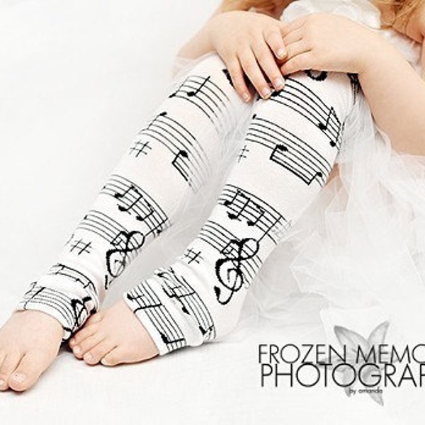 Knotty Legs -- Leg Warmers for baby or toddler -- white sheet music -- FREE SHIPPING ON ALL LEG WARMERS