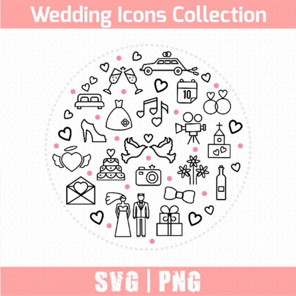 Wedding Icons Collection | SVG & PNG files | Wedding Clip Art Illustrations | Line Art Icons | Digital Download