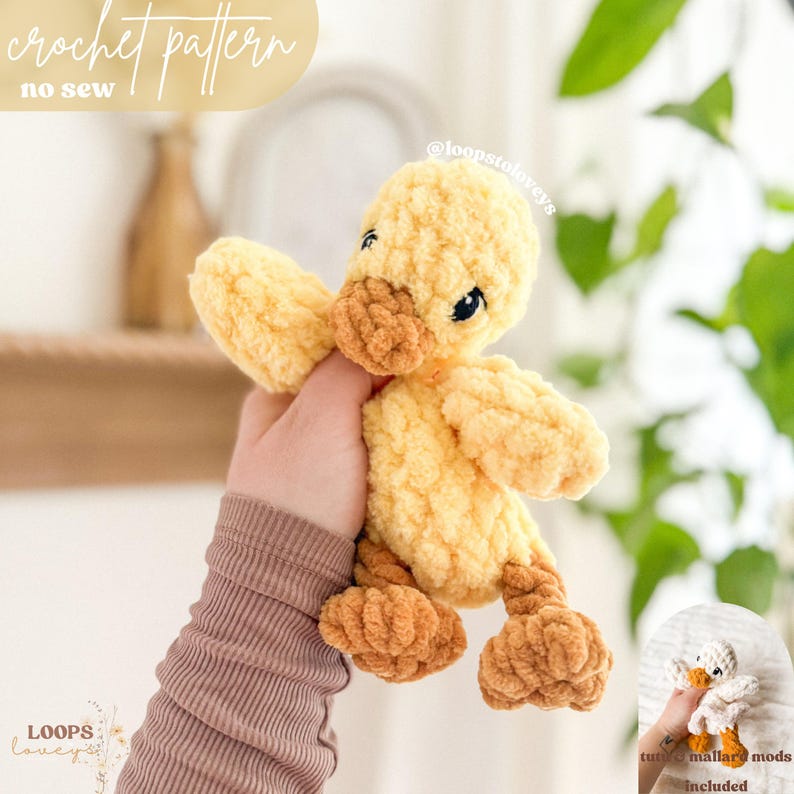 May include: Crochet pattern for a no-sew yellow duck with brown feet. The pattern includes tutorial and mallary mods.  @loopslovers