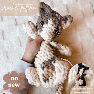 May include: Crochet pattern for a no-sew calico cat amigurumi toy. The cat is brown, white, and pink with black eyes. The pattern includes color changes for a calico and tuxedo cat.