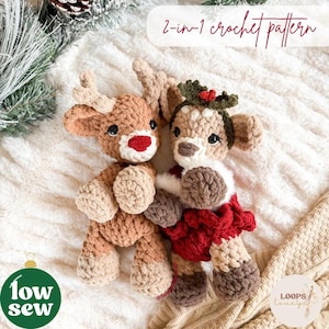 May include: Two handmade crochet reindeer dolls. One is brown with a red nose and antlers, the other is beige with a red and white outfit and holly accents. The image includes the text "2-in-1 crochet pattern" and "low sew".