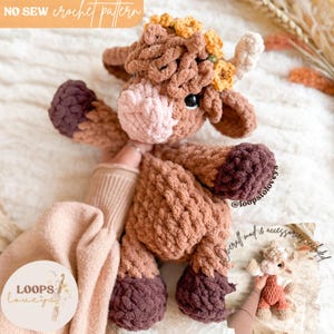 May include: A handmade crochet cow plushie in shades of brown, tan, and burgundy. The plushie has a flower crown and is held by a person. The text "NO SEW crochet pattern" is visible at the top. The overall theme is handmade crafts.