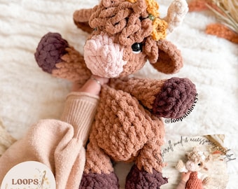 Cora Highland Cow Snuggler crochet pattern | NO SEW crochet pattern | crochet cow | crochet cow lovey | crochet cow in overalls |