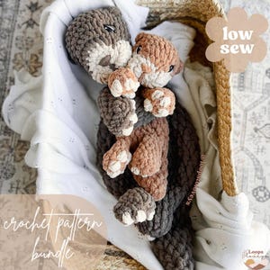 May include: A crochet pattern bundle featuring two crocheted stuffed animals, one brown and one brown and peach, in a basket. The text "low sew" is visible in the top right corner of the image. The text "crochet pattern bundle" is visible in the bottom left corner of the image.