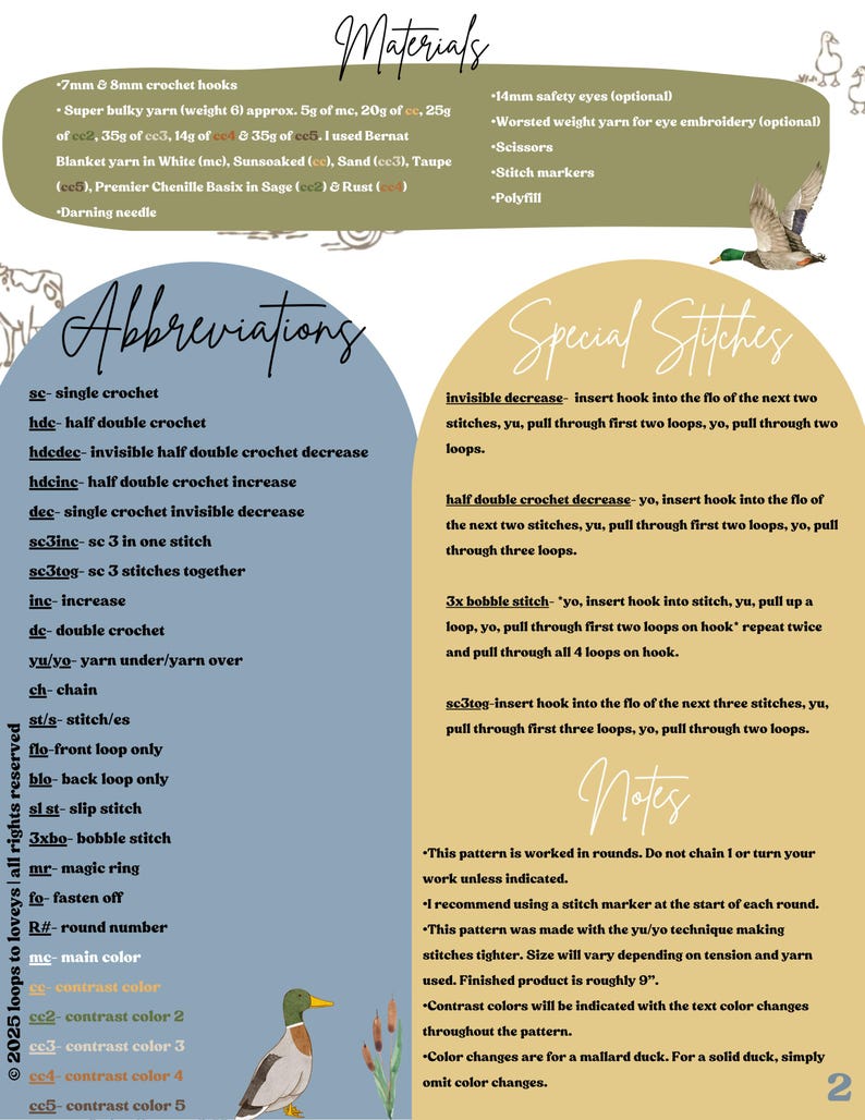 May include: A crochet pattern for a mallard duck with instructions for special stitches, abbreviations, and materials needed. The pattern includes color changes for a mallard duck, but you can omit them for a solid duck.