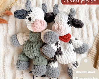 Cyrus Cow Snuggler crochet pattern | NO SEW crochet pattern | crochet cow | crochet cow lovey | crochet cow in overalls | Amigurumi | cow