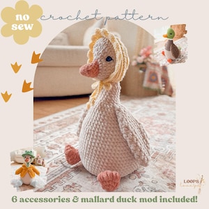 May include: A large, beige crochet duck wearing a yellow bonnet and a pink beak and feet. The image includes the text "no sew crochet pattern" and "6 accessories & mallard duck mod included!" Two smaller crochet ducks are also shown.