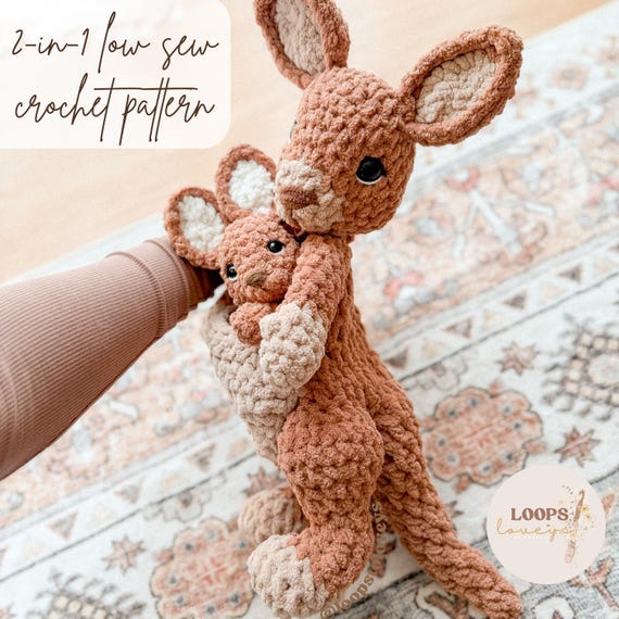 Momma Rue & baby Joey kangaroo crochet pattern | LOW SEW crochet pattern | cute crochet pattern | crochet lovey | crochet kangaroo pattern |