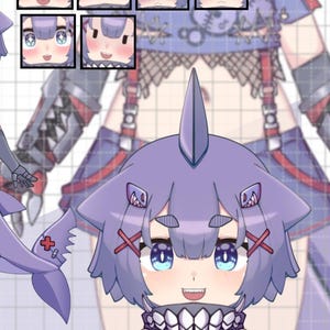 以下が含まれることがあります： サメのような外観のキャラクターのデジタルイラスト。キャラクターは、明るい紫色の髪、青い目、歯並びの良い笑顔をしています。キャラクターは、頭にサメのひれが付いた青と赤の衣装を着ています。6つの異なる顔の表情が表示されています。
