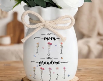 Personalized First Mom Now Grandma Gift, Custom Birth Month Flower Vase with Grandkids Name, Grandmas Garden, Grandma Gift, Mothers Day Gift