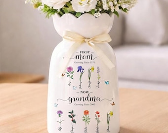 Personalized First Mom Now Grandma Flower Vase, Mother's Day Grandmas Garden Vases with Kids Names and Birth Month Flower, Gifts for Mom
