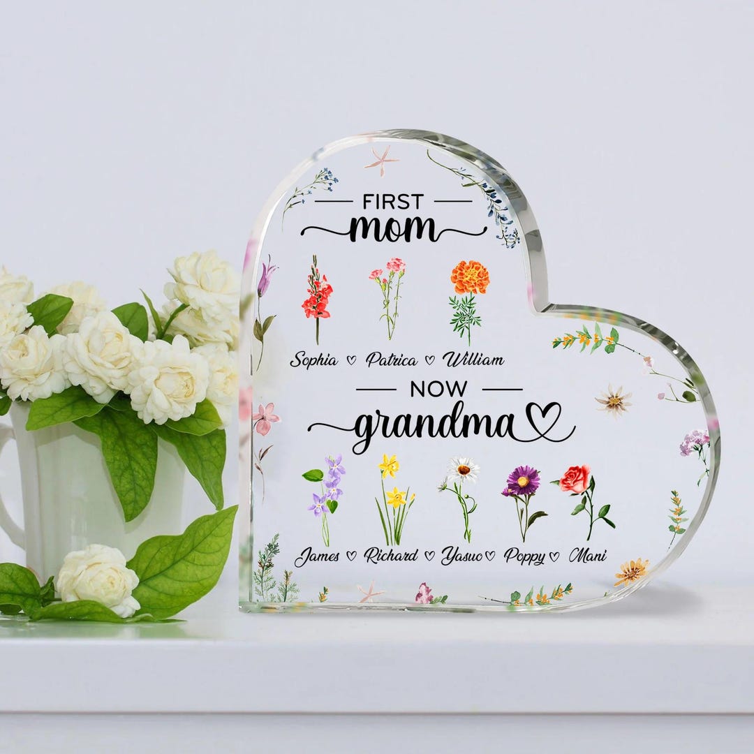 First Mom Now Grandma Birth Month Flower Personalized Heart Shaped ...