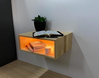 Backlit floating nightstand, scandi bedside table with storage shelf