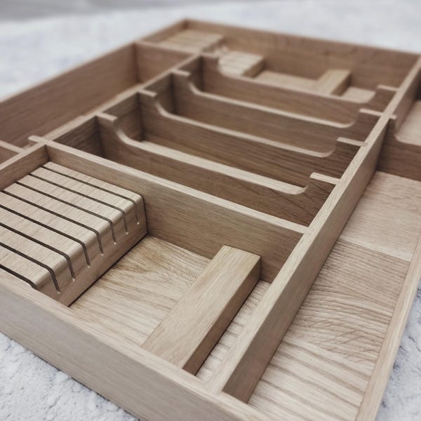 Custom drawer insert, wooden cutlery tray, solid oak kitchen storage, wood drawer divider