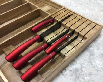 Handcrafted wooden utensil tray, custom flatware organizer, in drawer knife block insert