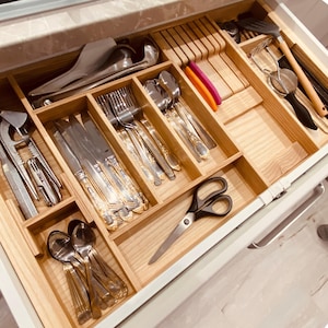 Custom Kitchen Drawer Organizer | Silverware | Baking and more - Made from Solid Ach | Wood Silverware Drawer Organizer
