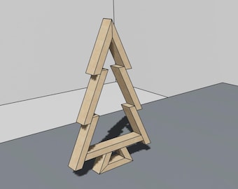 May include: A wooden Christmas tree ornament made of stacked pieces of wood. The tree is light brown and has a simple design.