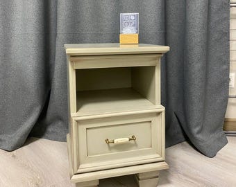 Vintage ash wood side table, rustic drawer nightstand, shabby chic bedside storage