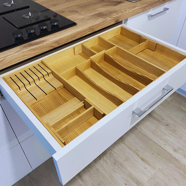 Utensil wooden holde, wood cutlery tray, custom drawer organizer, kitchen insert space saver