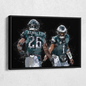 Jalen Hurts & Saquon Barkley Canvas Print – Philadelphia Eagles NFL Wall Art, Football Decor for Home, Man Cave, Sports Gift, Framed Poster