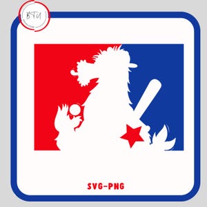 May include: A white silhouette of a cartoon creature holding a baseball bat and ball, set against a red and blue baseball diamond background. The text "SVG-PNG" is below the image.