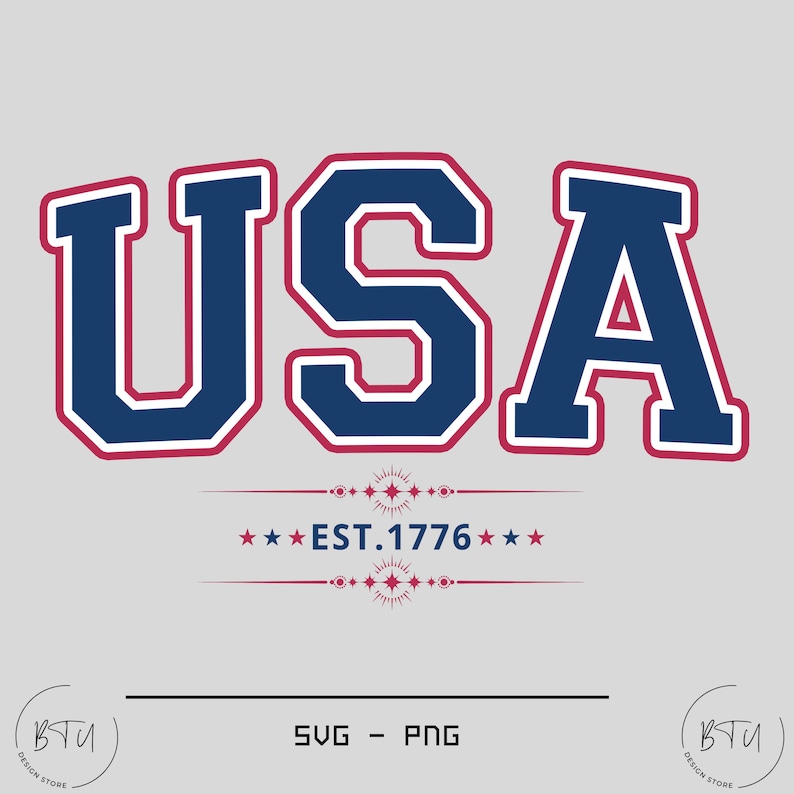 May include: USA in bold blue letters with a red outline. The text "EST. 1776" is below the letters in red with stars on either side.
