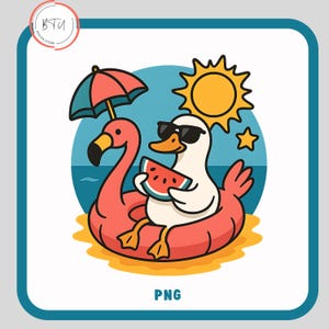 Könnte beinhalten: Cartoon-Illustration einer Ente mit Sonnenbrille, die eine Wassermelone hält und auf einem flamingo-förmigen Schlauchboot im Meer schwimmt. Sonne, Stern und Sonnenschirm sind ebenfalls in der Szene. Das Bild hat ein Sommerthema.