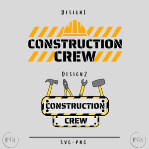 以下が含まれることがあります： 建設クルーのグラフィックの2つのデザイン。最初のデザインは、黒いストライプの付いた黄色のヘルメットと「CONSTRUCTION CREW」というテキストが特徴です。2番目のデザインは、「CONSTRUCTION CREW」というテキストと、ハンマー、ペンチ、レンチ、ハンマーが描かれた黄黒のストライプの看板が特徴です。