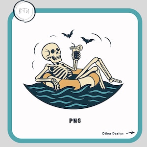 May include: A cartoon illustration of a skeleton relaxing in a pool float with a drink, surrounded by bats. The skeleton is in a yellow and orange float in blue water. The word "PNG" is at the bottom.