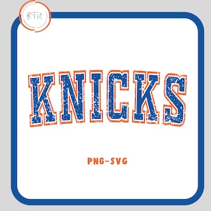 May include: A white square design with a blue border features the word "KNICKS" in large, distressed, blue letters with orange outlines. Below, the text "PNG-SVG" is in orange. A circular logo is in the upper left corner.