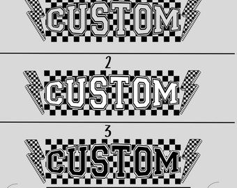 May include: Three variations of a black and white graphic design featuring the word "CUSTOM" in a bold, blocky font. The word is set against a checkered background with lightning bolts on either side.
