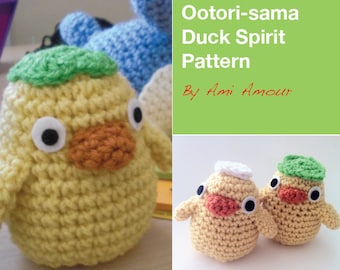 May include: Crochet pattern for a yellow duck spirit amigurumi toy. The pattern is called "Ootori-sama Duck Spirit Pattern" by "Ami Amour".