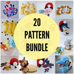 Könnte beinhalten: Eine Sammlung von 20 Häkelmustern mit verschiedenen bunten Amigurumi-Charakteren. Das Bild zeigt eine Vielzahl von Kreaturen, darunter Schmetterlinge, Pikachu und andere skurrile Designs. Der Text "20 PATTERN BUNDLE" ist in der Mitte zu sehen.