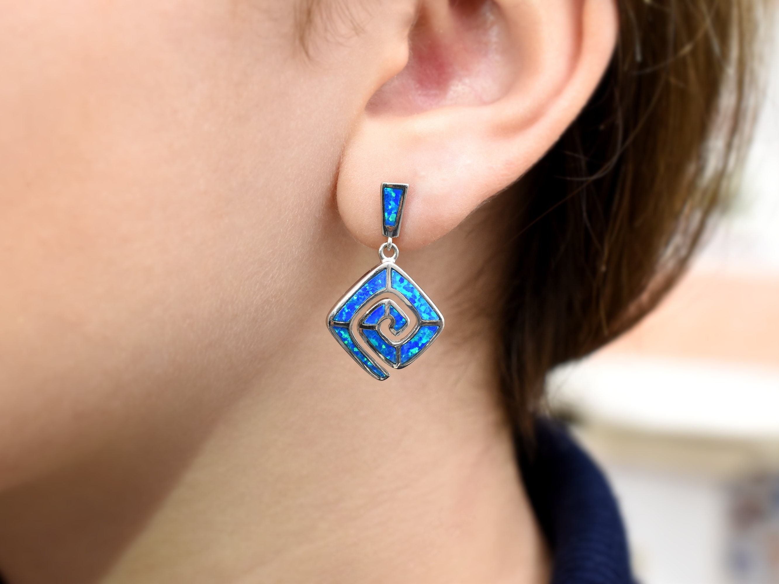 Sterling Silver Blue Opal Meander Earrings, Greek Jewelry, Silver