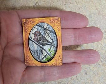 original mini purple finch bird watercolor painting framed