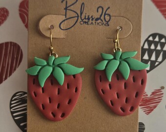 Handmade Strawberry Earrings - Cottagecore Polymer Clay Fruit Dangles