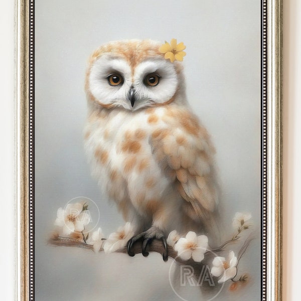 Owl among flowers, vintage bird artwork, home decor, living room, entryway, spring time, Antique white artwork, exotic animals, floral art,