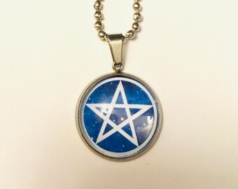 Blue Starry Sky Pentagram Necklace Gothic Witchy Gift