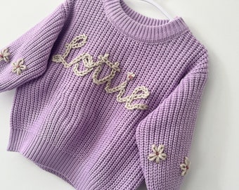 personalised knitted baby jumper- name with flowers