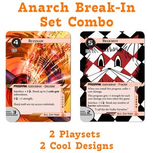 May include: Two trading card game cards with red and orange backgrounds. The card on the left is called "Buzzsaw" and has a program called "Icebreaker - Decoder". The card on the right is called "Begemoth" and has a program called "Icebreaker - Fracter".