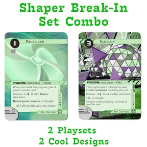 May include: Two green and purple game cards with a futuristic design. The cards are from the "Shaper Break-In Set Combo" game. The cards are numbered 1 and 3 and have the names "Propeller" and "Echelon". The cards have text describing their abilities and are illustrated with a propeller and a sphere.