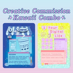 以下が含まれることがあります： 2枚のトレーディングカード。1枚は青色で、カフェのデザインと「Cezve」の文字が入っています。もう1枚は黄色で、デジタルライフをテーマにしたデザインと「Your Digital Life」の文字が入っています。