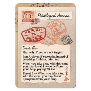 May include: A card with a vintage aesthetic, featuring stamps and text. The card displays a "Privileged Access" label, a "Return to Sender" stamp, and a "Send it Directly to Archives" stamp. The card also includes the text "Event: Run" and game instructions.