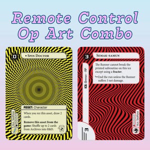 May include: Two trading cards with op art designs. One card features a yellow and black spiral pattern with the text "Spin Doctor." The other card has a red and black wavy pattern and the text "Semak-Samun."
