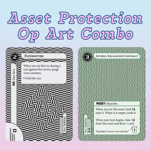 May include: Two trading cards with the text "Asset Protection Op Art Combo." One card is black and white with the text "Flyswatter." The other card is green with the text "Anthill Excavation Contract."